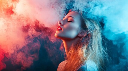 Woman exhaling colorful smoke in a vibrant portrait