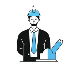 Businessman in hard hat facing forward holding a blueprint