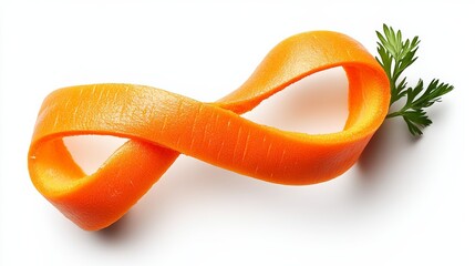 Carrot is sliced into a spiral shape and has a green leaf on top. Concept of creativity and playfulness, as the carrot is transformed into a unique and unconventional shape