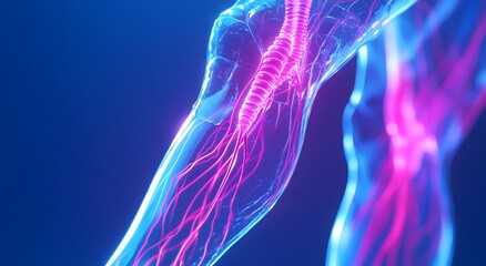 Holographic digital illustration of the body's muscles and veins. Simple solutions to complex problems and ideas for digital medical systems.