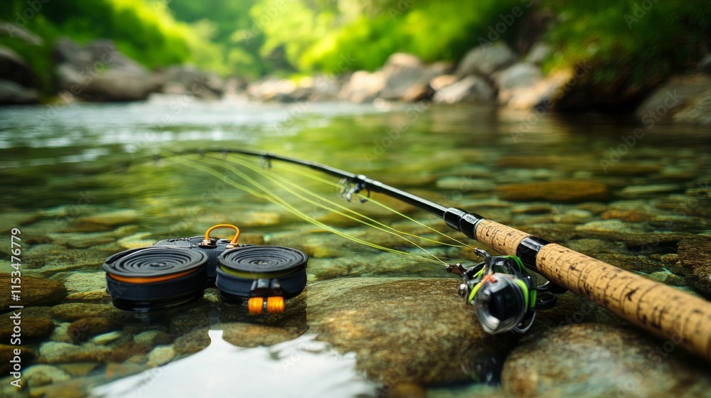 Poster a tidy fly fishing setup with rods and flies neatly placed by a clear stream, a peaceful riverside w