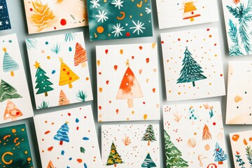 Fototapeta premium Unique handmade Christmas cards featuring colorful trees and festive designs created for holiday greetings. Generative AI
