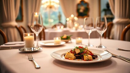 A luxurious fine dining setup, white tablecloths with a beautifully plated dish in the foreground with copy space