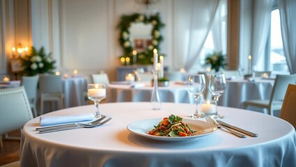 A luxurious fine dining setup, white tablecloths with a beautifully plated dish in the foreground, soft candlelight ambiance, intentional space for text