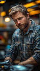 Fototapeta premium Man with a beard wearing a plaid shirt, looking intently, standing in a dimly lit environment