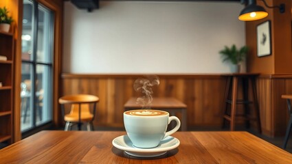 Obraz premium A cozy artisan coffee shop interior, warm wooden tones, a steaming coffee cup with latte art on a wooden table and space for text writing