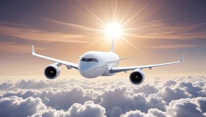A commercial passenger jet flying high above the clouds with the sun shining brightly in the background