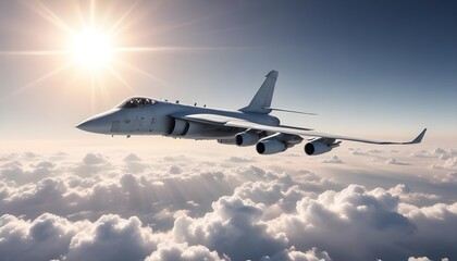 Obraz premium A military aircraft flying high above the clouds with the sun shining brightly in the background