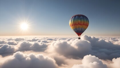Fototapeta premium A hot air balloon flying high above the clouds with the sun shining brightly in the background