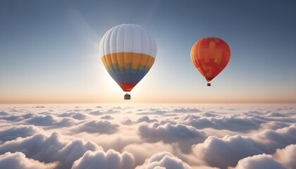 Fototapeta premium A hot air balloon flying high above the clouds with the sun shining brightly in the background