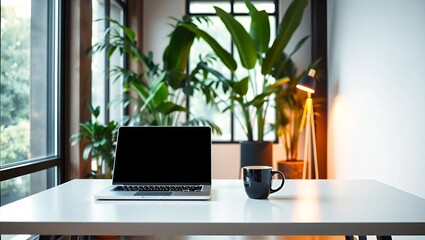 Fototapeta premium A modern office workspace, sleek minimalist desk setup with a laptop and coffee cup placed neatly, warm ambient lighting through large windows