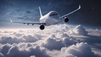 Obraz premium A commercial passenger jet flying high above the clouds with the stars in the night sky in the background