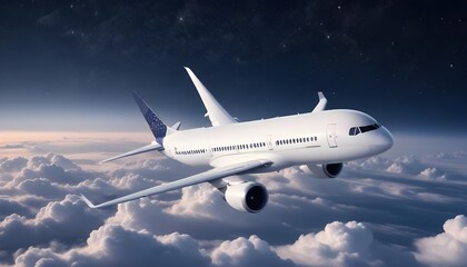 Obraz premium A commercial passenger jet flying high above the clouds with the stars in the night sky in the background
