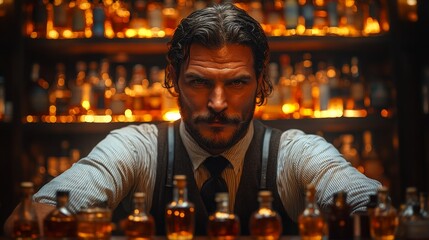 Man with a serious expression stands confidently behind a bar, surrounded by numerous backlit bottles in a dim setting