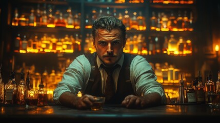 Obraz premium Man with a mustache sits at a bar, surrounded by glowing bottles and a dimly lit atmosphere