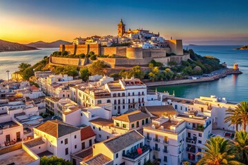 Naklejka premium Ibiza Town & Dalt Vila Panoramic View: Stunning High-Resolution Aerial Photo of the Mediterranean Sea