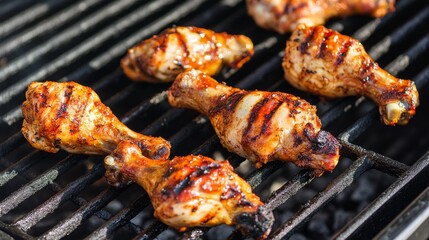 Delicious chicken legs grilling to perfection create an appetizing B B Q experience. Enjoy the enticing aroma and flavor of these tasty chicken legs cooked on the grill.