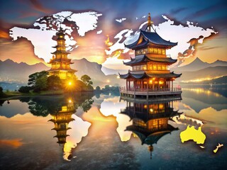 Obraz premium Illuminated Pagoda at Dusk: Global Connectivity Symbol - Double Exposure Stock Photo