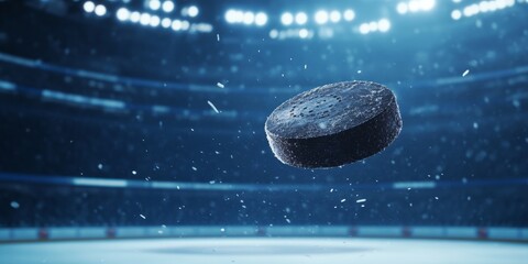 Ice hockey pucks captured mid game on ice within a stadium. A perfect dynamic shot of an ice hockey puck soaring through the air, with space for text on the right for a banner.