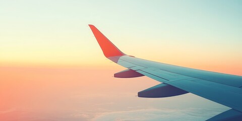 Fototapeta premium Wing of a plane soaring against a clear sky, highlighting the beauty of flight and the freedom of the open air. The plane s wing captures the essence of traveling through the sky.