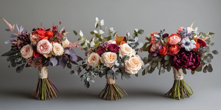 Three stunning bouquets beautifully arranged on a gray background, showcasing the elegance of nature s colors in these exquisite bouquets. Each bouquet adds charm to the overall scene.
