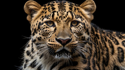 Naklejka premium Majestic amur leopard portrait isolated on black background wildlife conservation image 