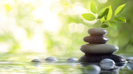 Zen stack of stones surrounded by lush green leaves