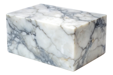 Polished White Marble Block with Natural Gray Veins Transparent Background