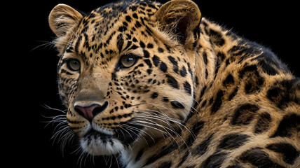 Naklejka premium Majestic amur leopard portrait isolated on black background wildlife conservation image 