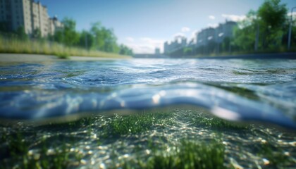 Naklejka premium Cool blues and greens dominate the palette; composition splits above and below water, showcasing urban background blurred, with sharp focus on aquatic plants.