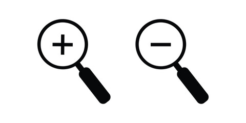 Zoom in and zoom out icon set. Magnifying glass icon, Zoom symbol, zoom lens sign, scan search symbol isolated, search symbol for web icons flat vector illustration.