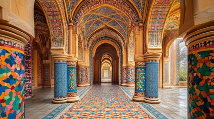 Obraz premium Colorful mosaic tiled hallway in a grand palace