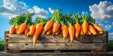A collection of vibrant fresh winter carrots displayed in a rustic wooden crate, contrasting beautifully with a backdrop of a blue sky adorned with fluffy clouds. Fresh winter carrots shine here.