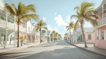 Obraz premium Coastal main street in Key West Florida with tropical pastel buildings and swaying palm trees