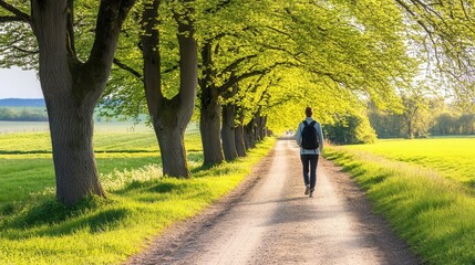 Fototapeta premium Person Walking on Tree-Lined Dirt Road in Natural Light