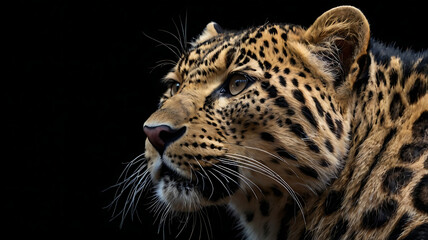 Fototapeta premium Majestic amur leopard portrait isolated on black background wildlife conservation image 