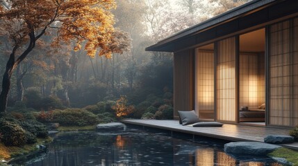 Fototapeta premium Serene Autumnal Japanese House Near Tranquil Pond