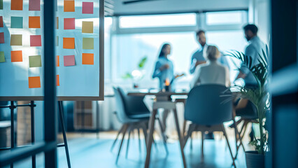 Team Brainstorming Innovative Ideas Using Sticky Notes in Creative Workspace