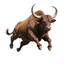 A large, muscular brown bull with large curved horns charging forward