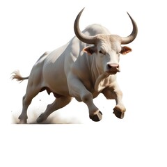 A large, muscular white bull with large curved horns charging forward