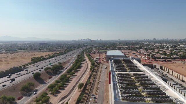 Aerial view of the QTS data center overlooking the I-10 Freeway in central Phoenix, Arizona