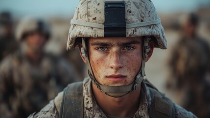 Soldier in camouflage uniform and helmet stares intently at the camera, with fellow soldiers blurred in the background