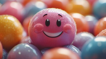 Happy emoticon face among colorful glossy spheres.