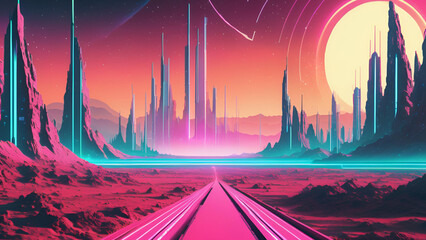 Retro-Futuristic Scene: A 1980s-inspired landscape that showcases a digital cybernetic surface