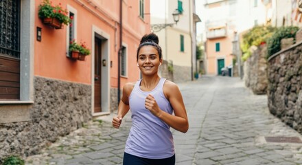 Hispanic female jogging in historic european street for healthy lifestyle