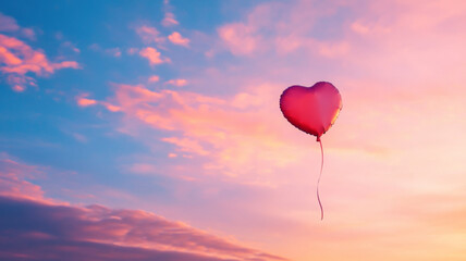 Fototapeta premium heart shaped balloon floats against colorful sunset sky, evoking joy