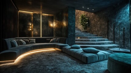 A luxurious lounge with a sunken seating are velvet furnishings, and soft underfloor lighting