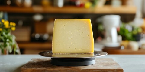 Pyramidal piece of cheese displayed on electronic scales for precise weight measurement, highlighting the unique shape and texture of the pyramidal cheese in a culinary setting.