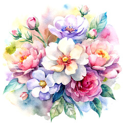 Gentle watercolor flowers clustered in bouquet, isolated on white elegance