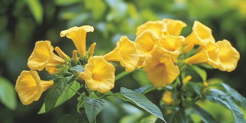 Vibrant yellow elder blooms showcase the stunning beauty of trumpetbush. This yellow trumpet flower, also known as yellow trumpetbush, enchants with its striking yellow trumpet shaped flowers.